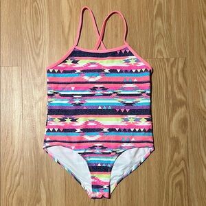 OP Aztec Stripe Girls One-Piece Swimsuit, size L 10-12